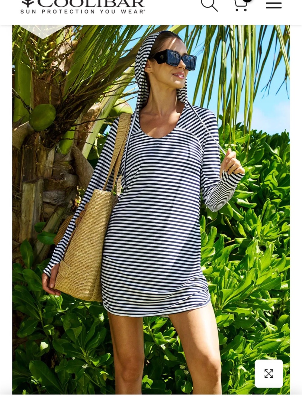 Coolibar Black & White Striped Hooded Swim Coverup Tunic